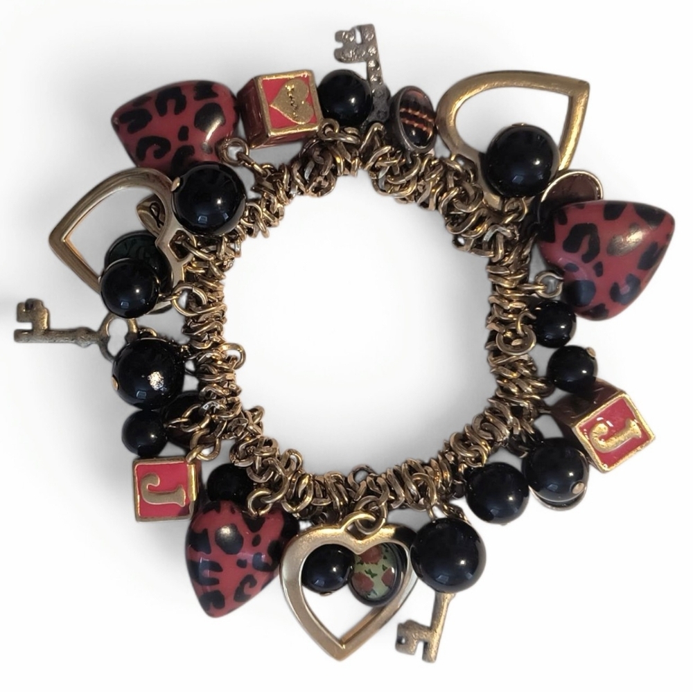 Betsey Johnson Leopard Hearts Keys Blocks & Black Beads Gold Tone Charm Bracelet